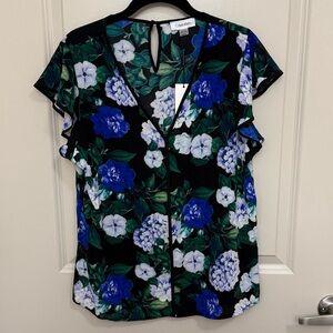 Calvin Klein Black and Blue Floral Blouse
